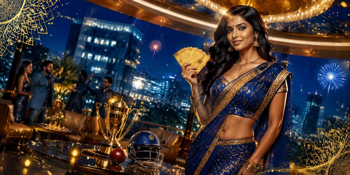 Indian cricket fan betting during live match in vibrant blue and gold setting